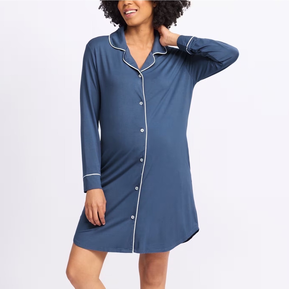 Kindred Bravely Clea Bamboo Nightshirt XL Blue Button Maternity Nursing Sleep